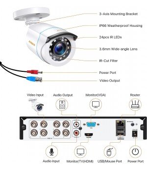 Kit de vigilância por vídeo FHD 1080P H.265+ - Câmara de vigilância exterior de 2 MP com gravador DVR HD 1080P 8CH