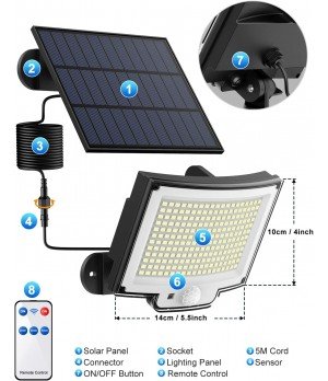 Lampe solaire d’extérieur avec capteur de mouvement [228LED/3 modes] Lampe solaire d’extérieur avec télécommande