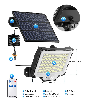 Luz solar para exterior com sensor de movimento [228LED/3 Modos] Luz solar para exterior com controlo remoto