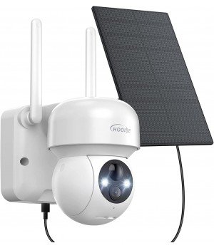 HOOISE 2K Caméra de sécurité WiFi solaire extérieure, batterie sans fil 360 °, vision nocturne couleur, IP65
